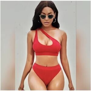 Nafleap Womens Medium Red One Shoulder Cut Out High Waisted Bikini Set Swimwear